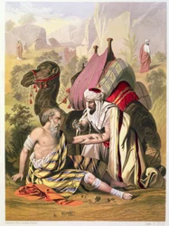 De Barmhartige Samaritaan, uit een bijbel gedrukt door Edward Gover, 1870
